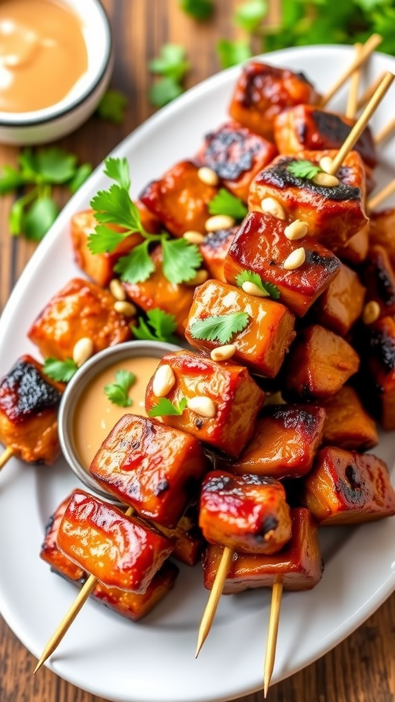 Grilled pork satay skewers served with peanut sauce and garnished with cilantro and peanuts on a wooden table.